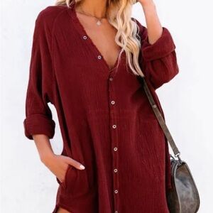 Burgundy Button-Up Tunic Dress